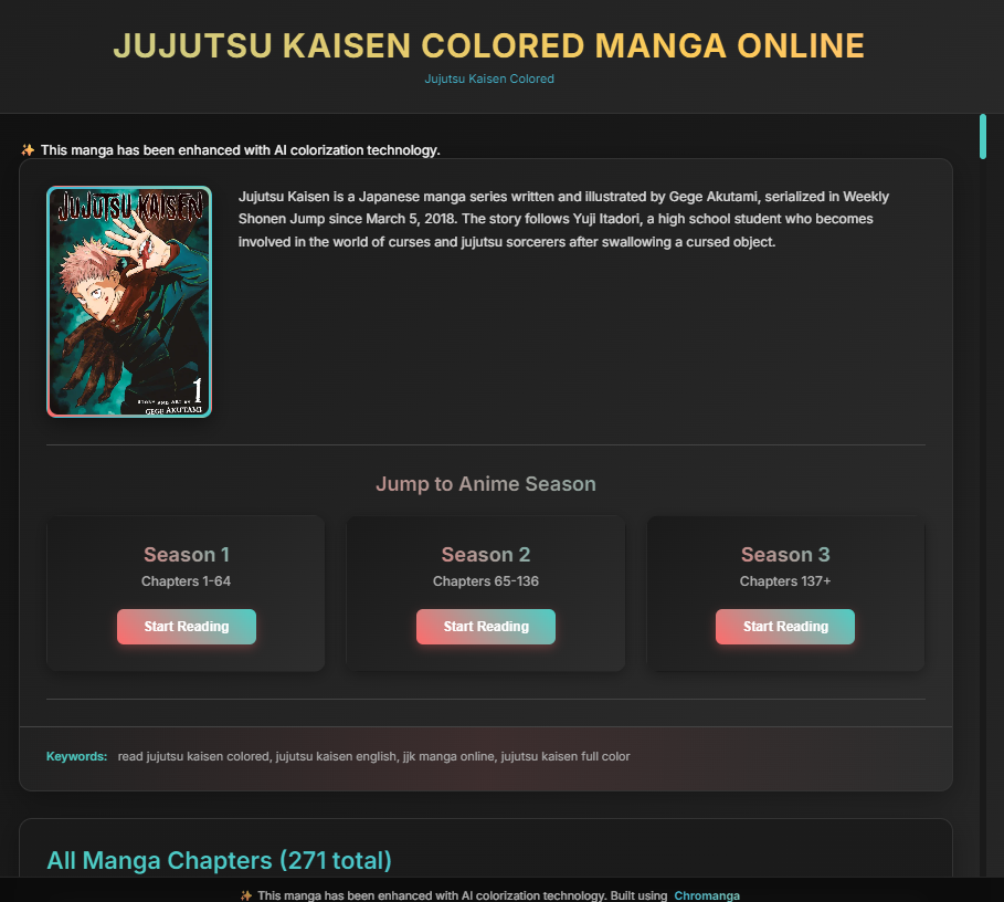 JJK Colored website showing AI-enhanced manga with full colorization
